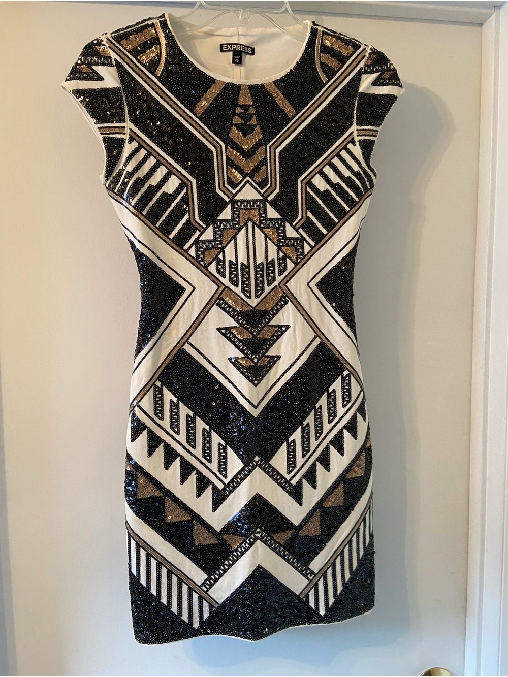 Express Black, White & Gold Sequin Geometric Mini Dress